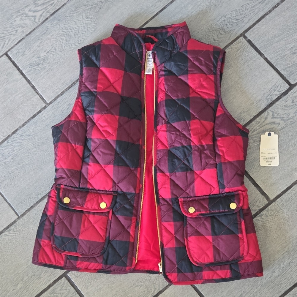 St‎ Johns Bay Red Black Buffalo Check Quilted Puffer Vest Medium NWT 845-0515